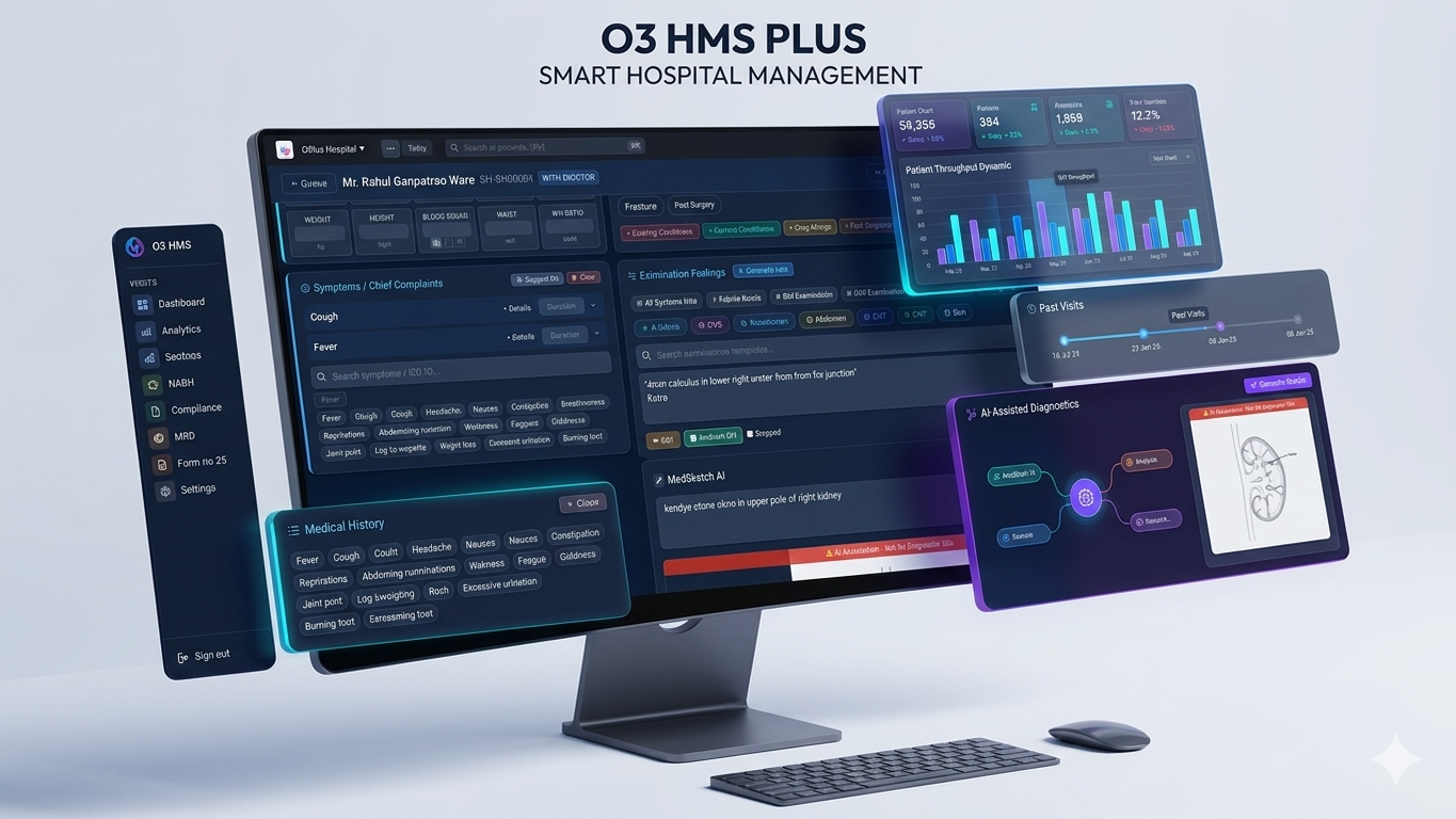 O3 HMS Dashboard — Doctor module with patient queue, prescription pad and AI diagnostics